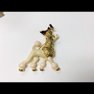New poodle pin cream, pink Pom poms, purple bow red rhinestone eye brooch